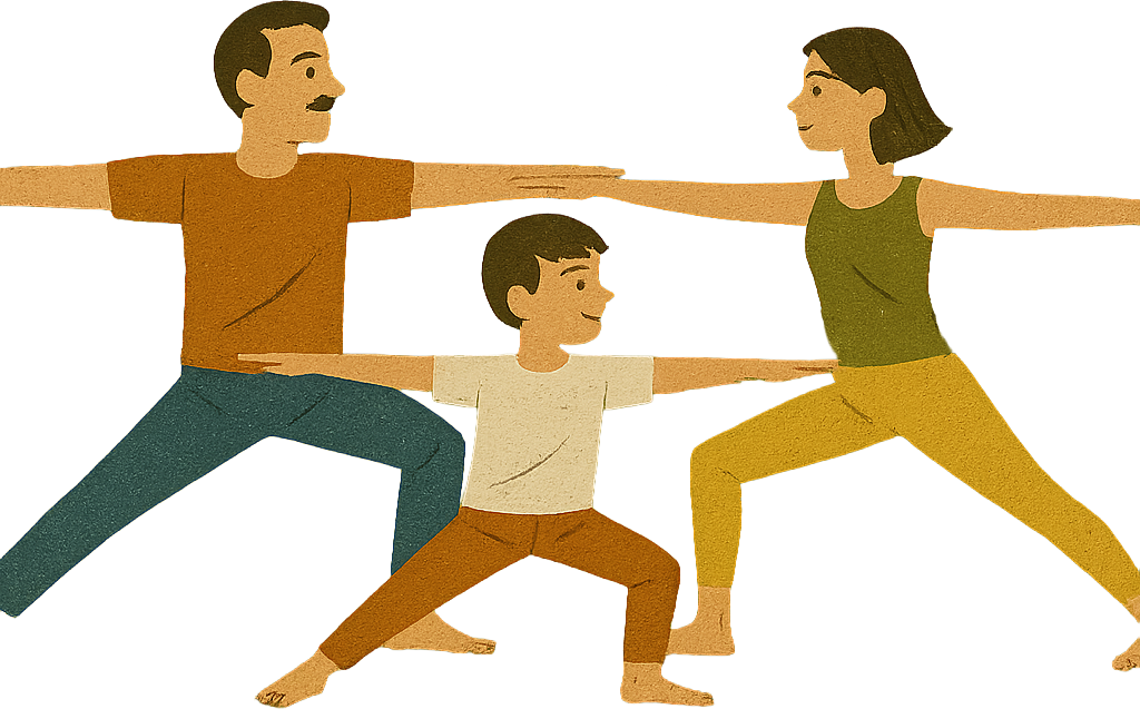Familie beim Yoga — Vater, Kind und Mutter in Krieger-2-Pose